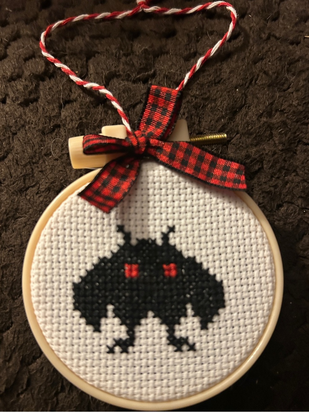 Mothman cross stitch ornament
